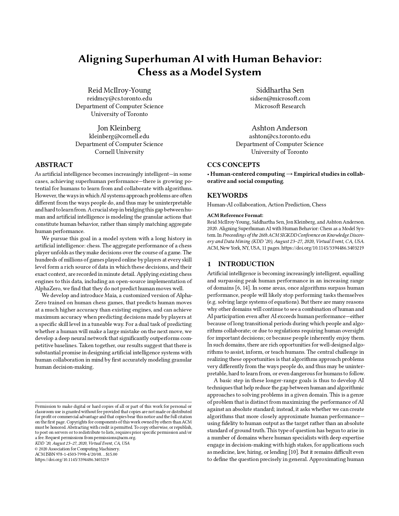 Aligning Superhuman AI with Human Behavior: Chess as a Model System paper preview